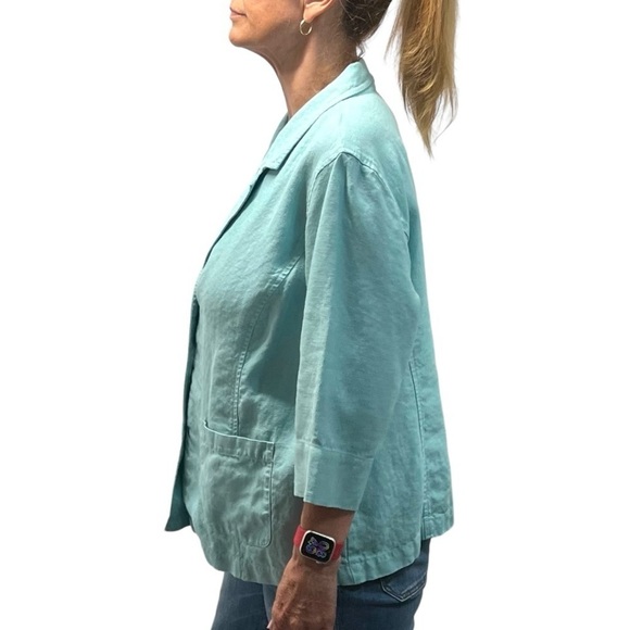 Eileen Fisher Aqua Blue Linen 3/4 Sleeve Button Front Blazer Jacket Women’s 1X - Picture 2 of 11